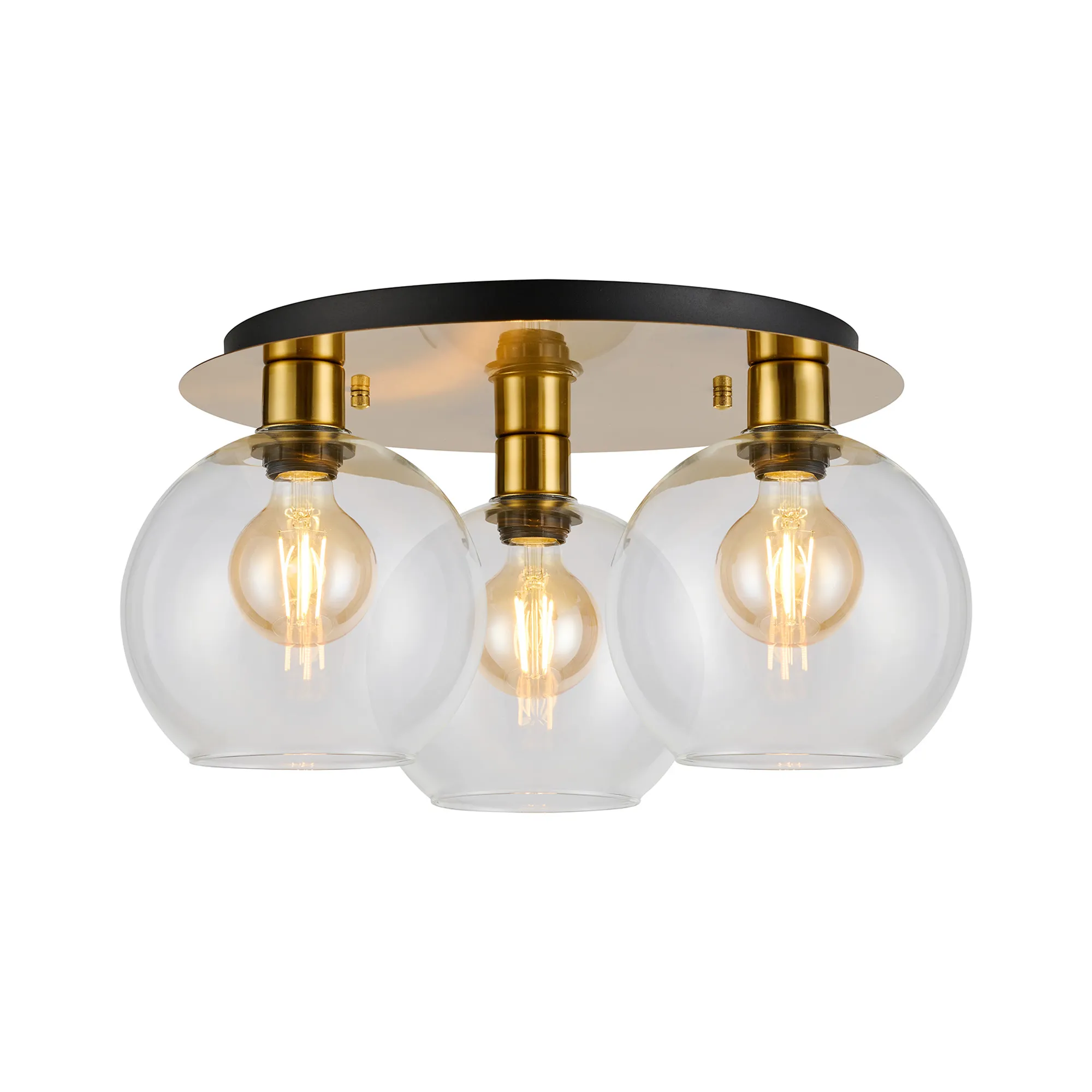 DK1248  Lori 40cm Round Ceiling Flush, 3 Light Flush Fitting, Antique Gold/Clear Open Mouth Round Globe Shades
